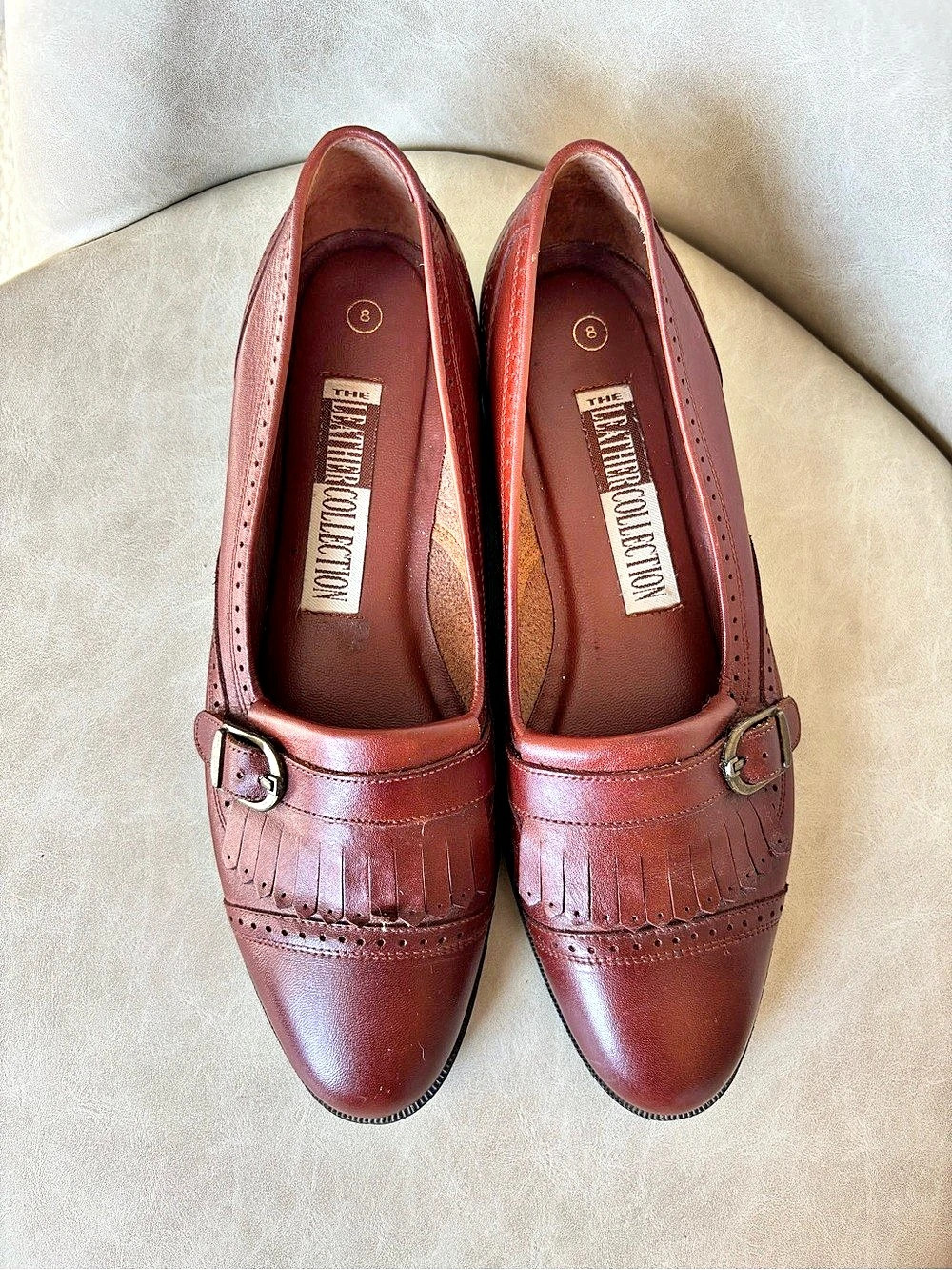 Vintage Leather Fringe Buckle Loafers Brown US 8 cognac